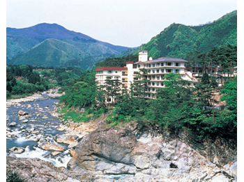 Hotel facade in summer.